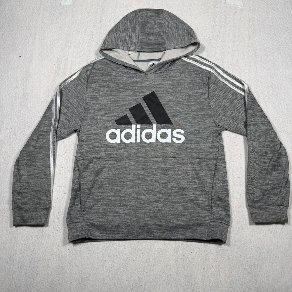 Adidas Boys XL 18/20 Gray Heathered Pullover Hoodie Badge of Sport Logo 3-Stripe